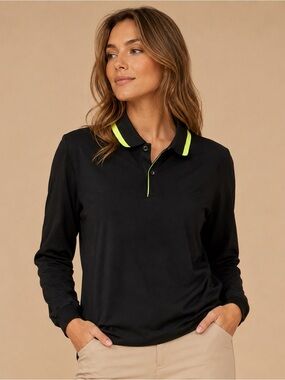 Black Long-Sleeve Polo Top with Neon Yellow Trim